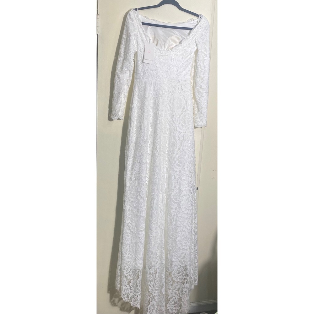 Merry's White Floral Lace Long Sleeve Wedding Dress Gown Size 4 New